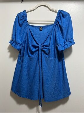 SHEIN Royal Blue Puff-Sleeve Tie-Front Blouse